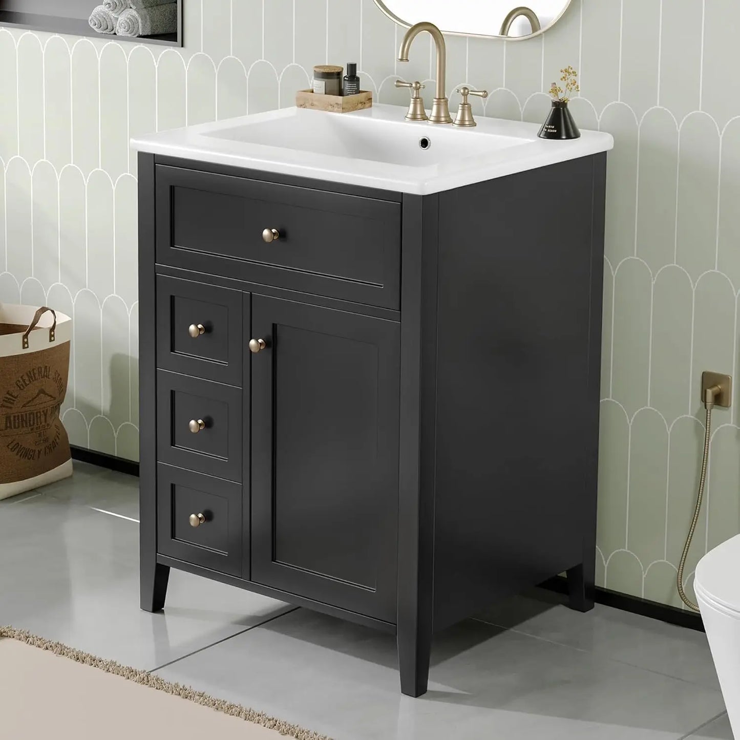 24" Bathroom Vanity with Sink Combo Set, Bathroom Cabinet with 3 Drawers and a Tip-Out Drawer, Adjustable Shelves, Soft, Custom