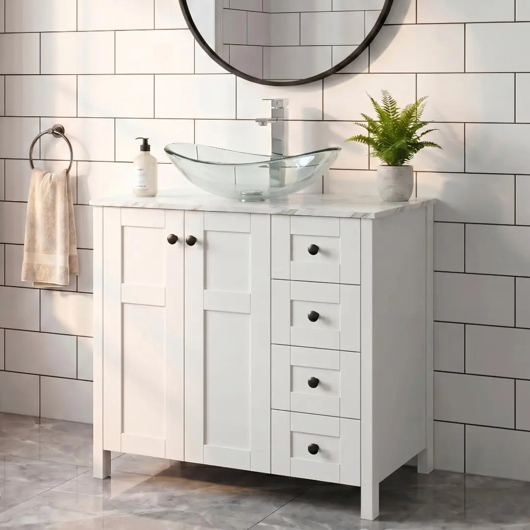 32 Inches White Bathroom Vanity with Marble Texture Top and 4 Drawers, with Marble Boat Ceramic Sink, Custom