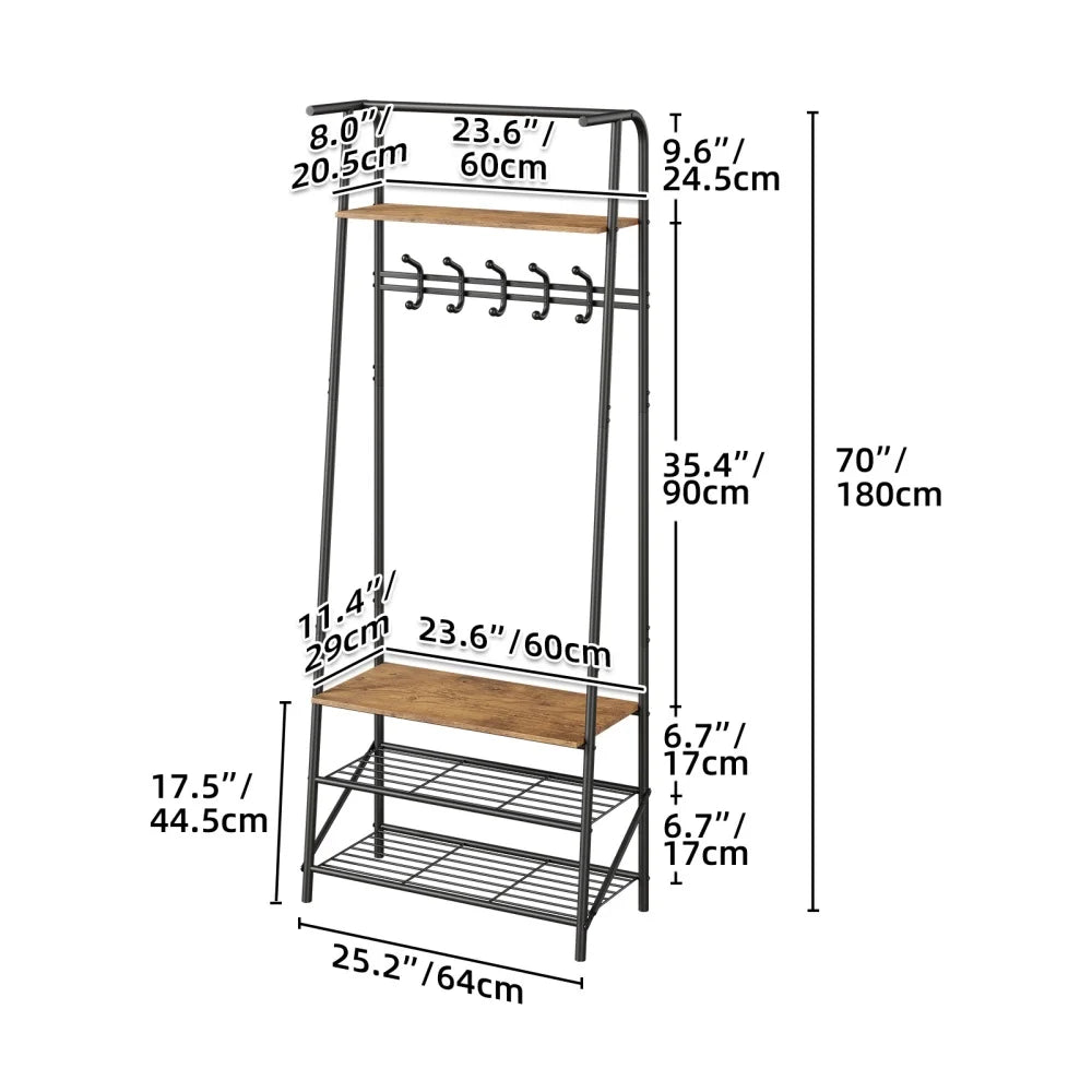 Coat Rack Hallway Tree With Shoe Storage Bench 4-In-1 Entryway Hallway Tree With Hooks Steel Frame Storage Shelf