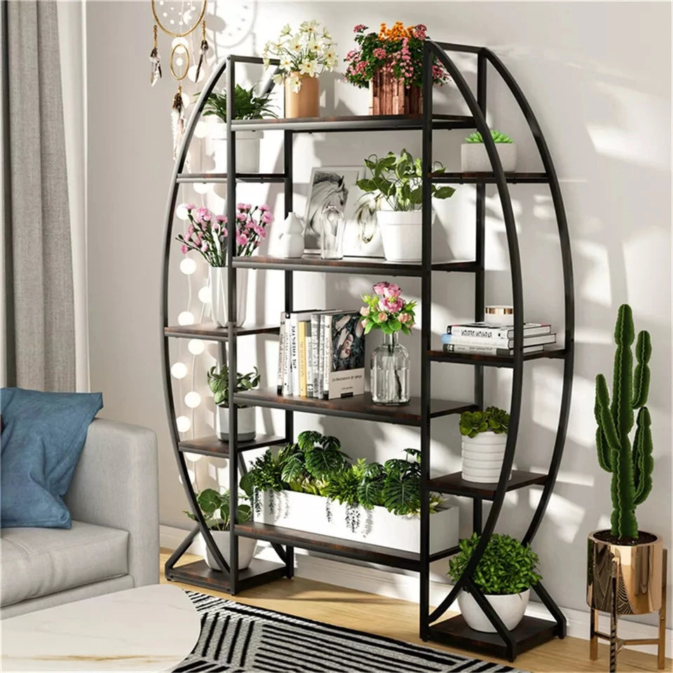 Wisfor Oval Bookshelf, Plant Stand 5 Tier Etagere Bookcase, Half-Moon Shaped Industrial Display Shelves for Living Room