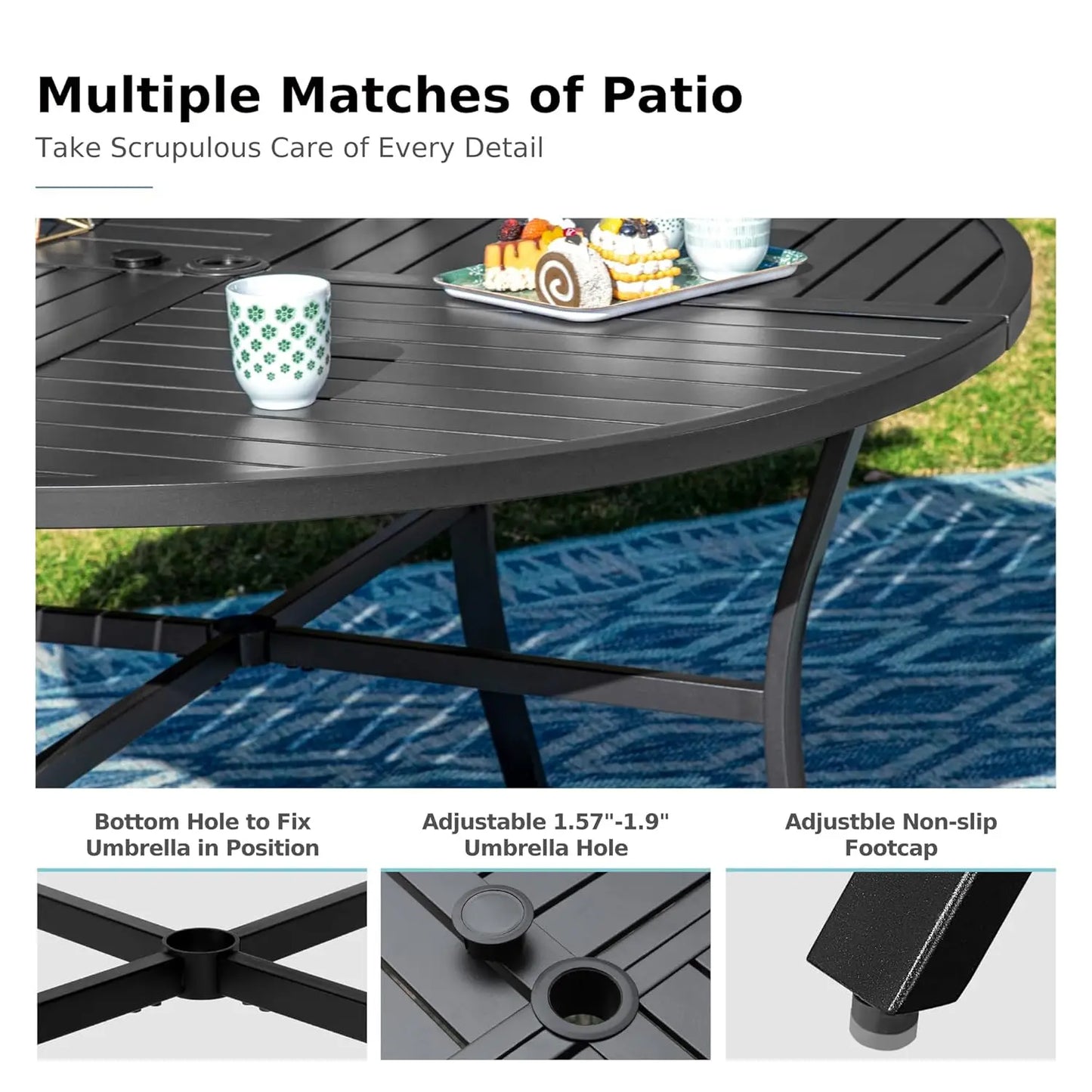 Round Outdoor Dining Set Wrought Iron 5 Piece Table & Chairs with Umbrella Hole for Deck Backyard Poolside Garden, Custom