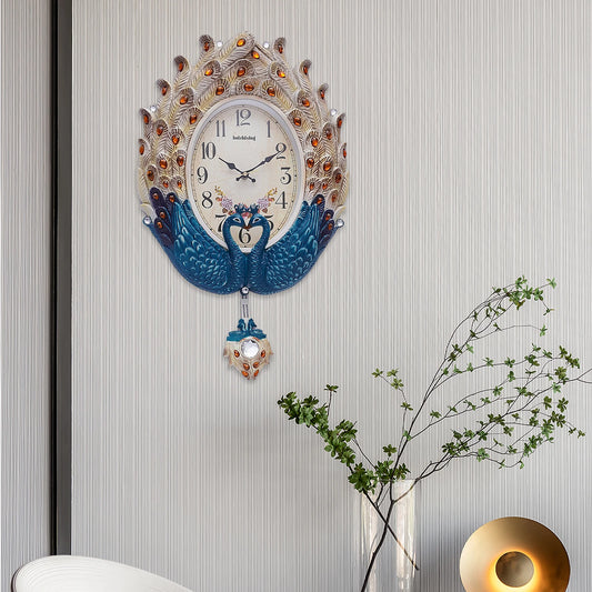 Blue Peacock Modern Wall Clock Silent Metal Pendulum Crystal Luxury