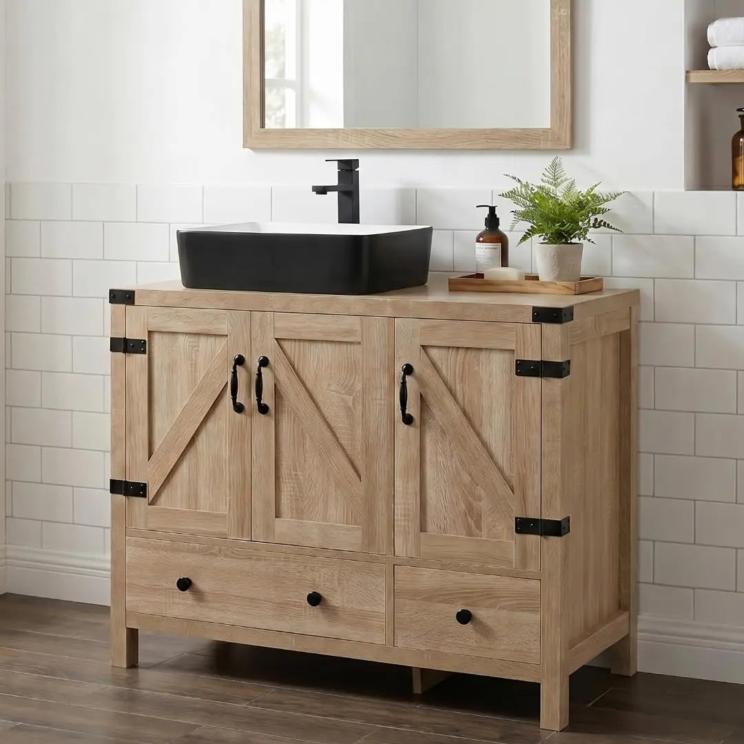 36" Natural Color Bathroom Vanity, Rustic Fixture Standing Pedestal Cabinet with White Ceramic Sink, Custom
