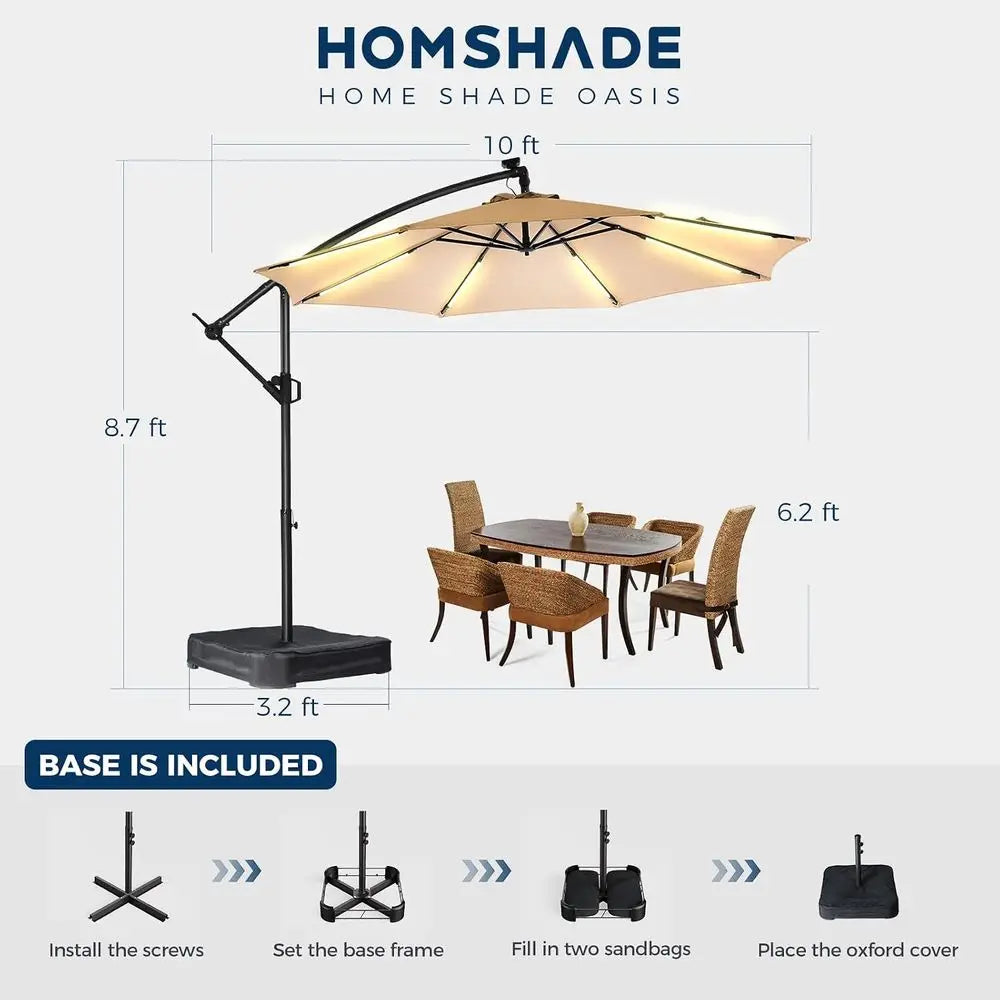 HOMSHADE 10 t Oset Patio Umbrella with r Lights, LED Lighted Umbrella Outdoor Patio with Base Included, Heavy Duty Hanging Canti