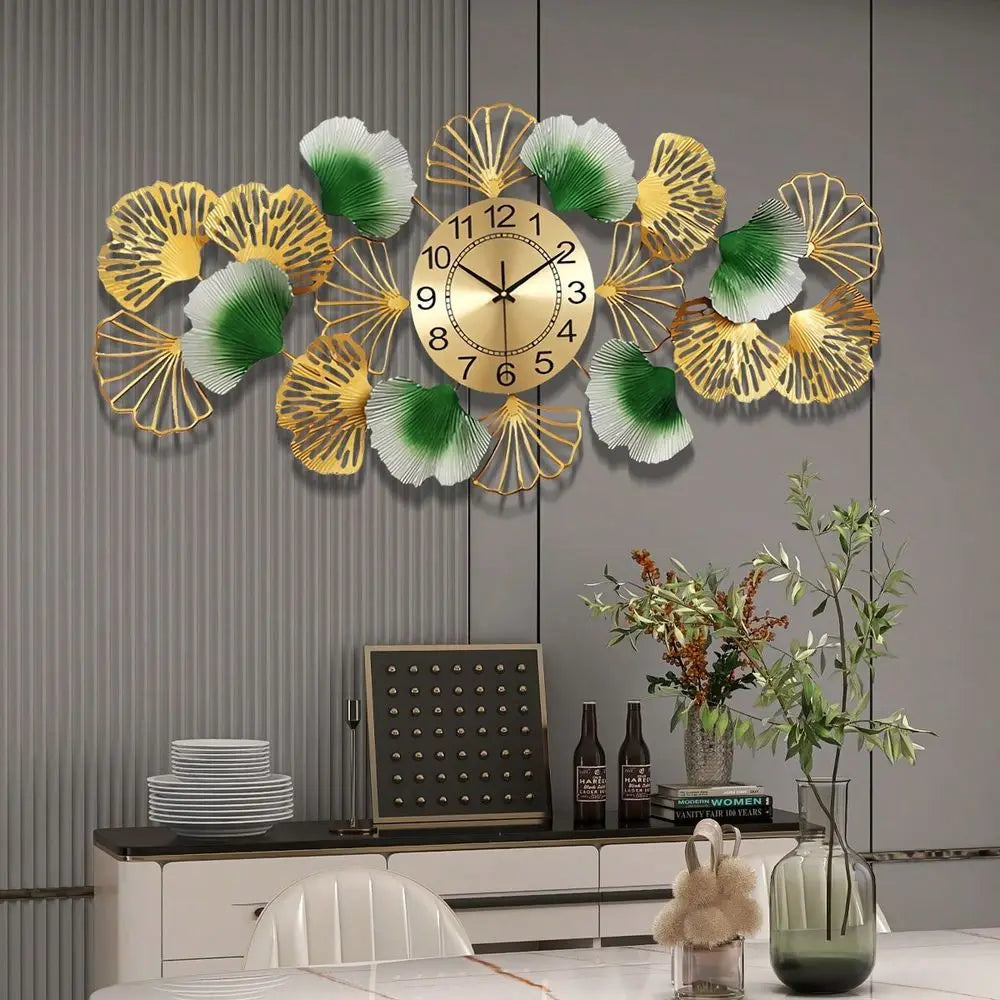 Large Wall Clock For Living Room With Silent Movement,3D Creative Metal Ginkgo Leaf Design Clock For Bedroom Dining Room Office