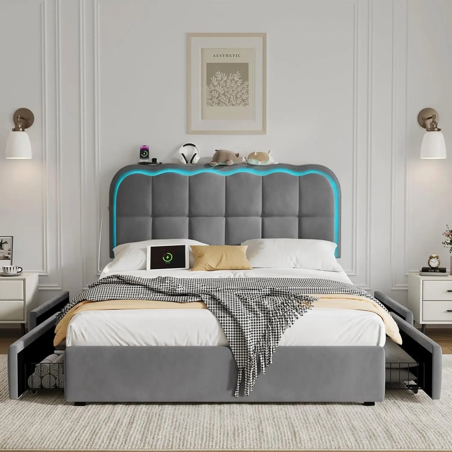 Full Upholstered Platform Bed LED Lights 4 Drawers Charging Station Adjustable Headboard Wood Slats No Box Spring , Custom