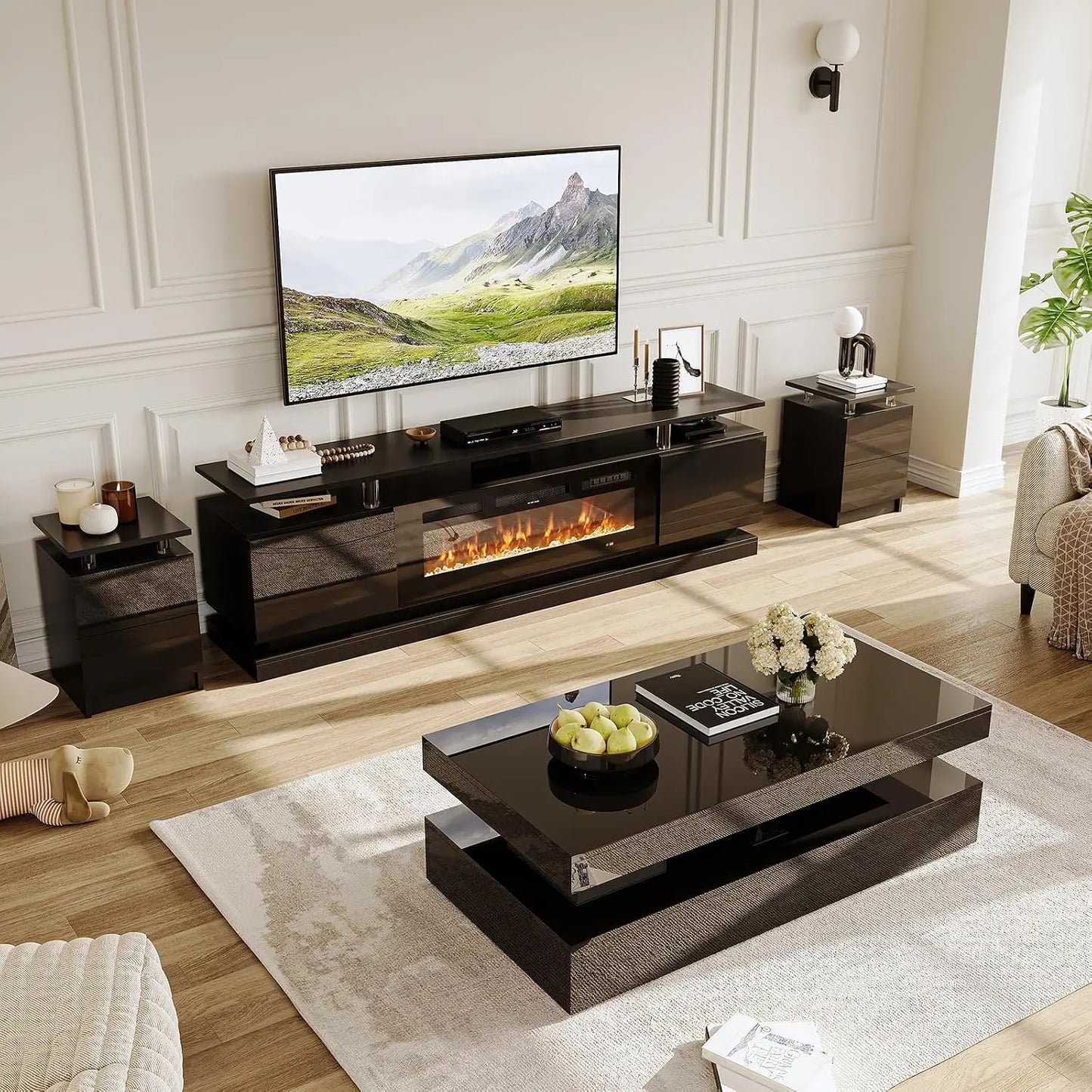 4-Piece Modern Living Room Table Set, Includes High Gloss 70" Fireplace TV Stand, 47" LED Coffee Table and 15" End, Custom