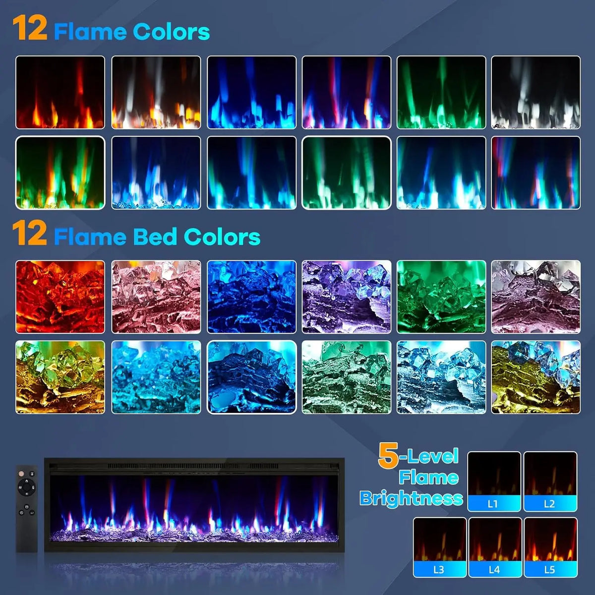 Electric Fireplace with Adjustable Flame Color, Linear Fireplace Heater w/ Remote Control with Timer and Touch Screen, 750/1500W