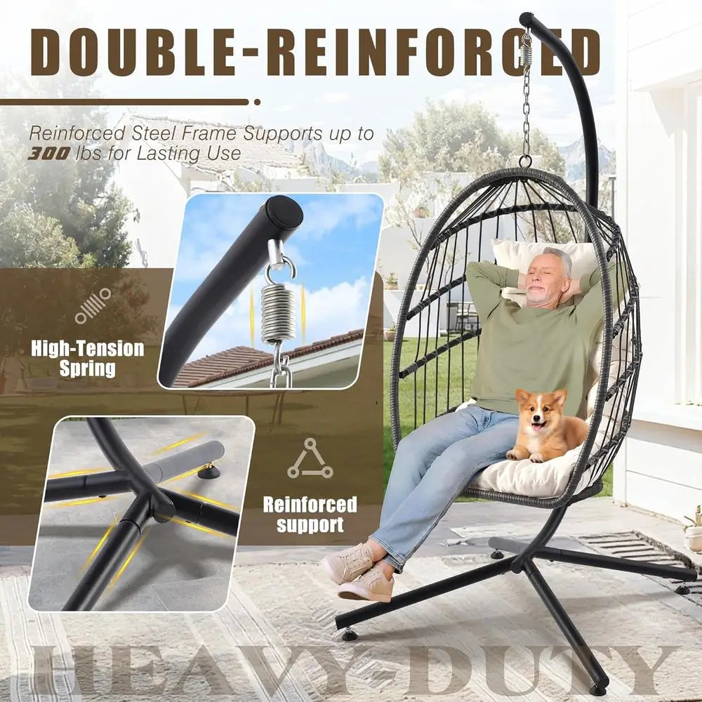 Egg Chair with Stand, Outdoor Hanging Swing Chairs, Indoor Hammock Egg Chair with Removable Cushion and Pillows, Patio Wicker Po