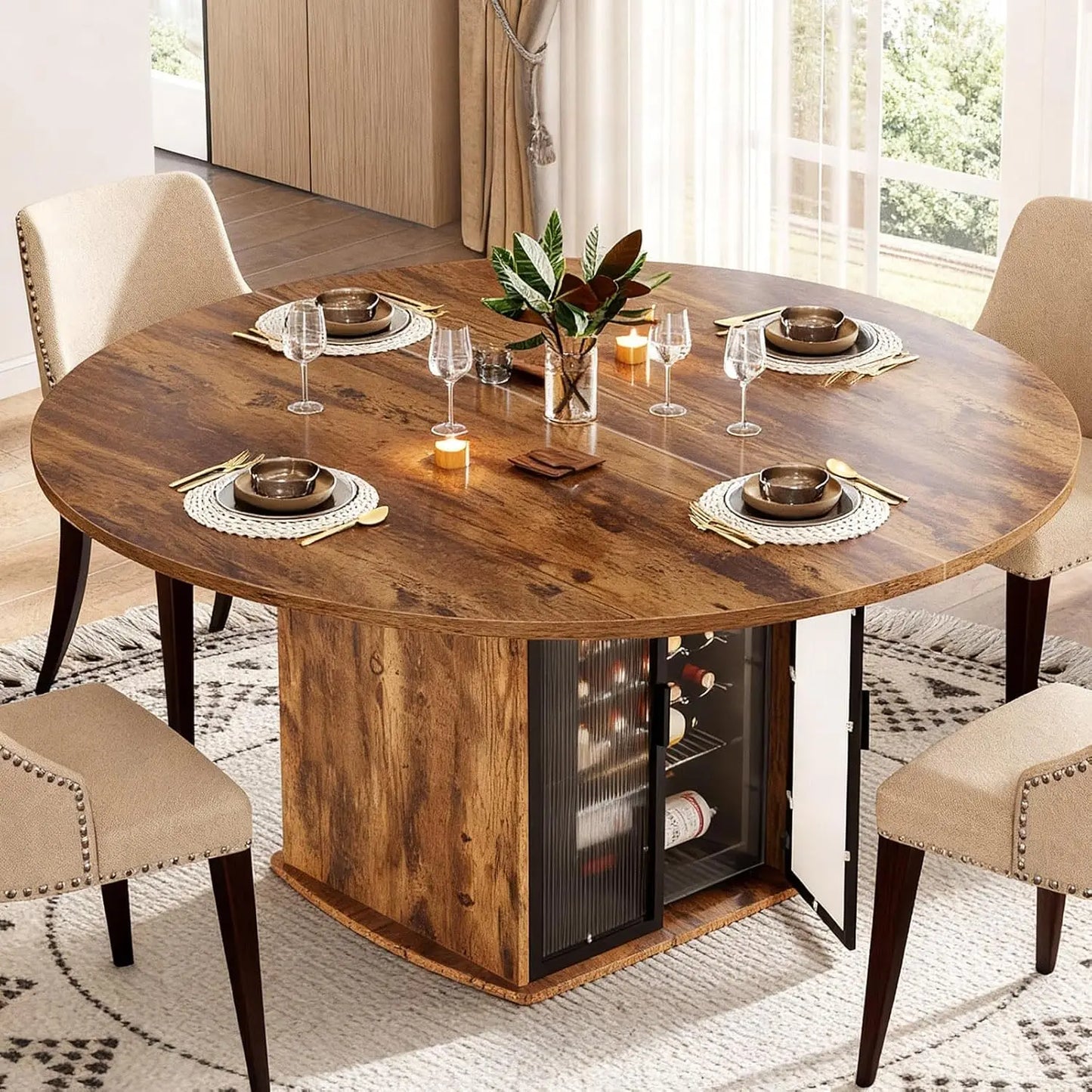MOYU Round Dining Table With Storage Modern Wood Kitchen Table