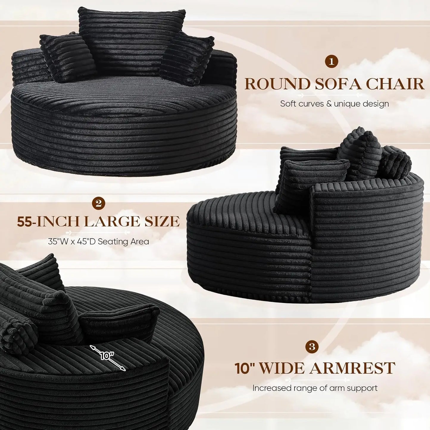 Oversized Round Chaise Longue Chair Indoor, Modern 55-inch Upholstered Corduroy Deep Seat Circle Single Cloud Lounge, Custom