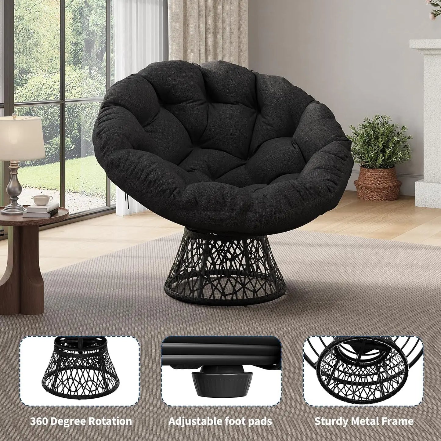 40 Inch Wicker Papasan Chair With 360° Swivel Base, 6-8 Inch Thick Cushion, Steel Frame Round Lounge Chair For Living Room Bedroom