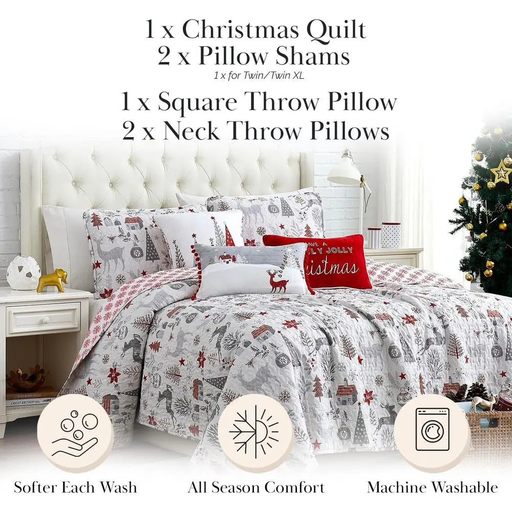 Holly Jolly Chrisas Quilt Set with day Throw Pillows and Shams, Sot day Bedding Set or Queen/ull Size Bed, 6-Piece w/Chrisas Tre