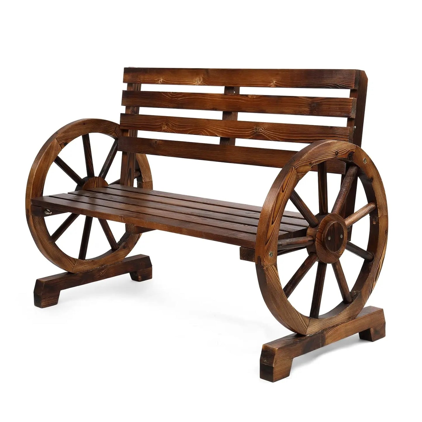 Rustic Firwood Outdoor Bench 2 Person Wagon Wheel Slatted Seat