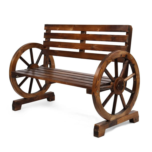 Rustic Firwood Outdoor Bench 2 Person Wagon Wheel Slatted Seat