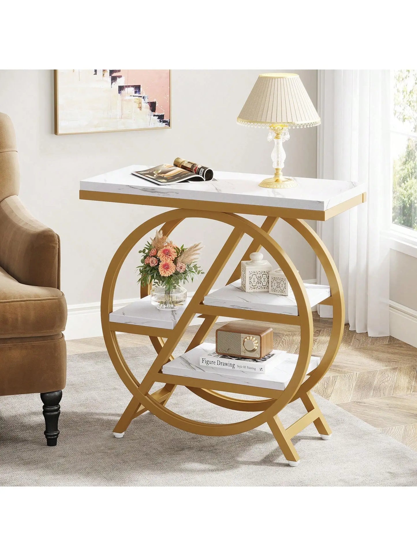 4-Tier End Table For Living Room, Narrow Side Table With Storage, Wood Sofa Side With Metal Frame, Industrial