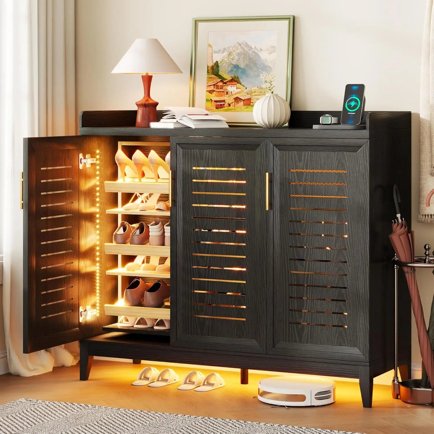 6 Tier Shoe Storage Cabinet with Shutter Doors and Adjustable Shelves, Rotating Shoe Organizer Cabinet with Human, Custom
