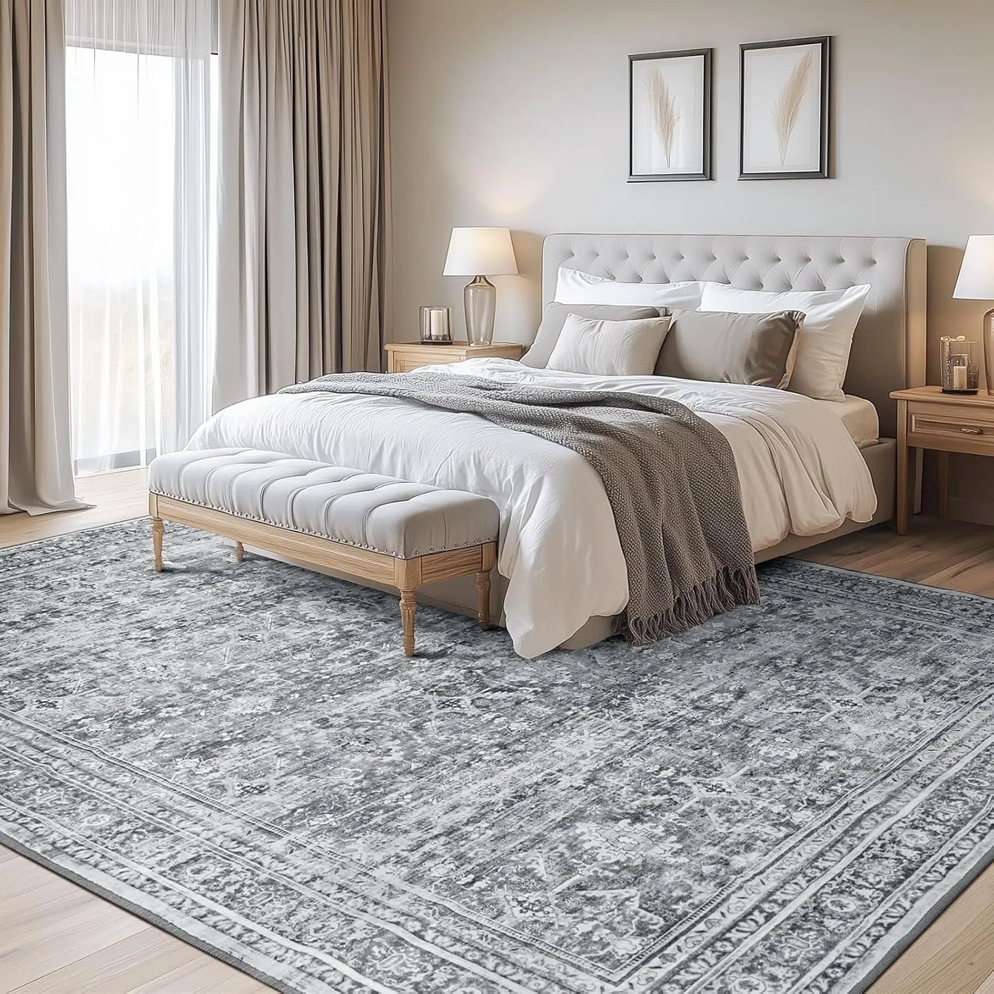 Soft Floral Wool Silk Washable Area Rug With Non-Slip Backing