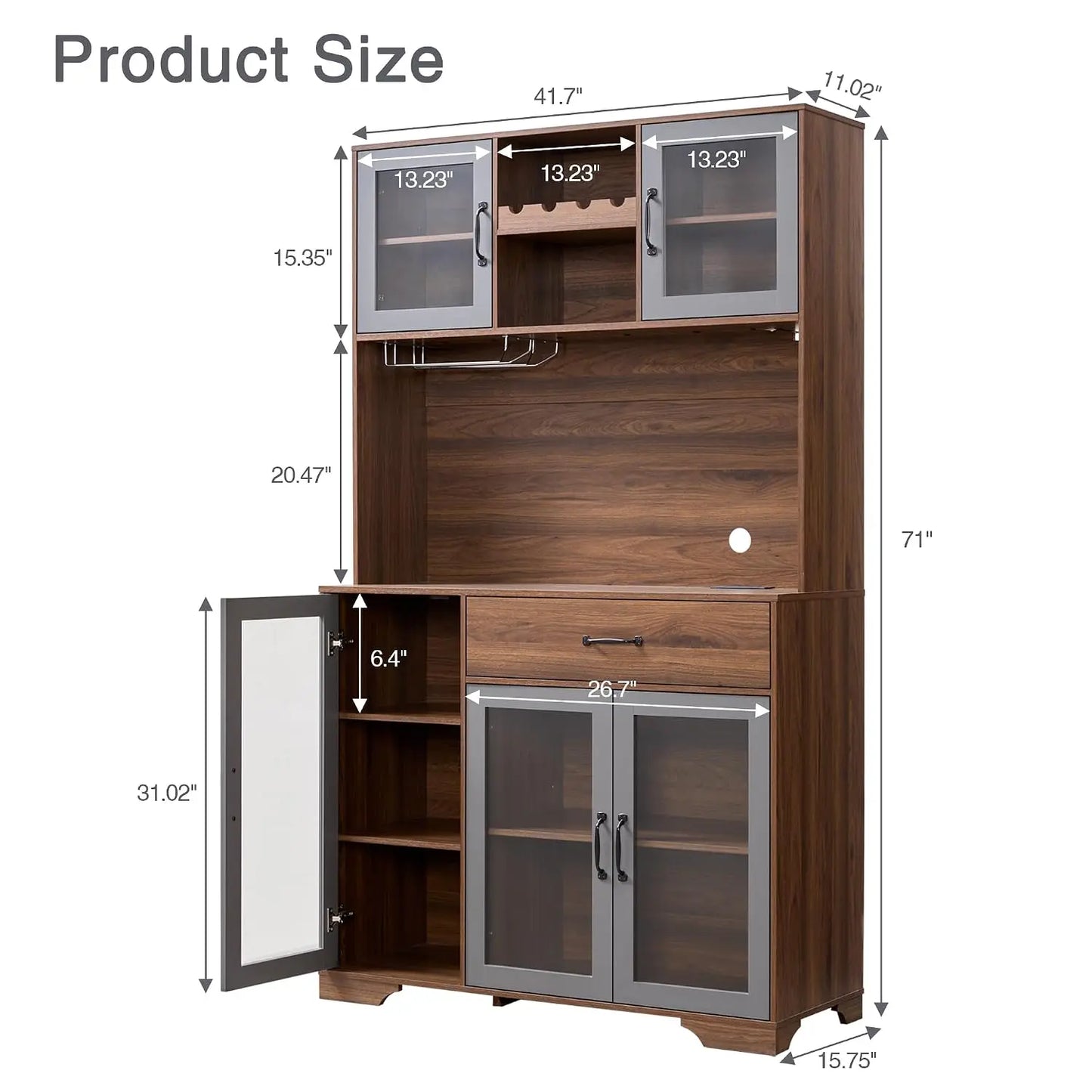 71" Tall Pantry Cabinet with Glass Doors, Kitchen Hutch Storage Cabinet, Coffee Bar & Liquor Cabinet with Charging, Customized