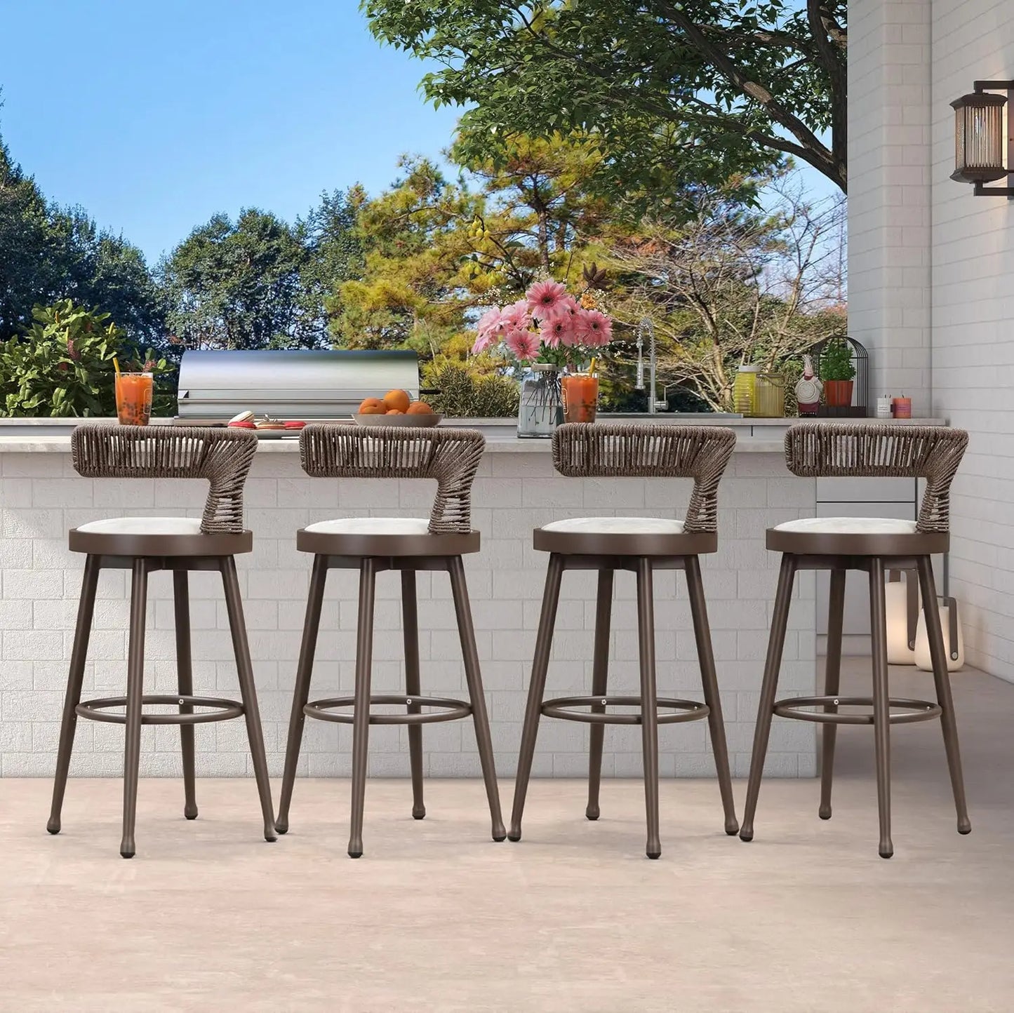 Swivel Bar Height Stools Set of 4 Metal Wicker Bar Chairs with Back Aluminum Cushions Kitchen Balcony Garden Indoor Custom