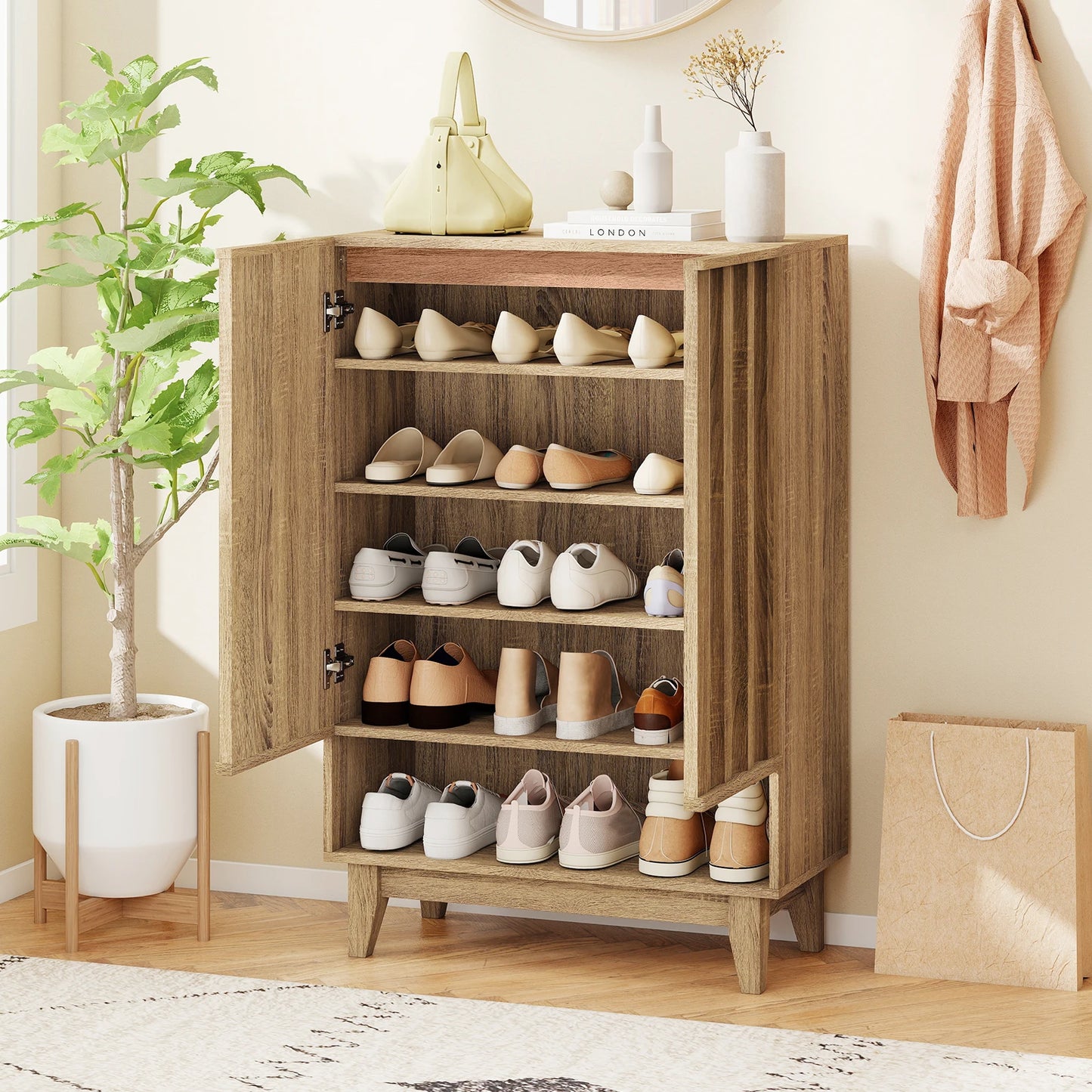 Shoe Cabinet, 6-Tier Shoe Storage Organizer w/ 2 Fluted Doors 3 Removable Shelves