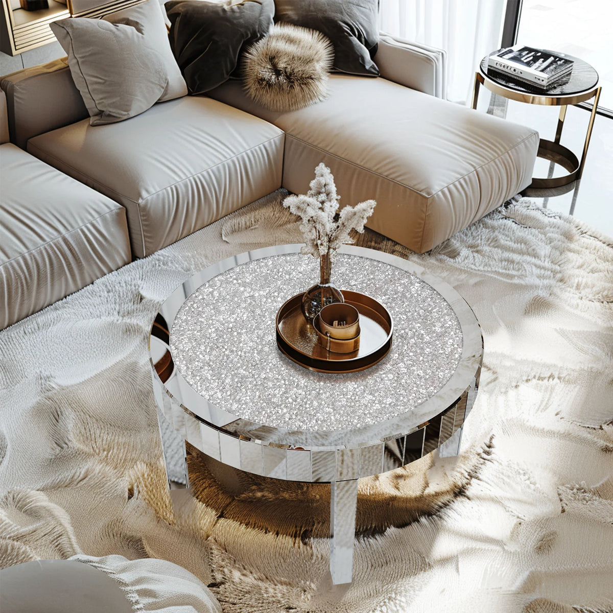 Modern Round Mirrored Coffee Table With Crystal Glass Inlay