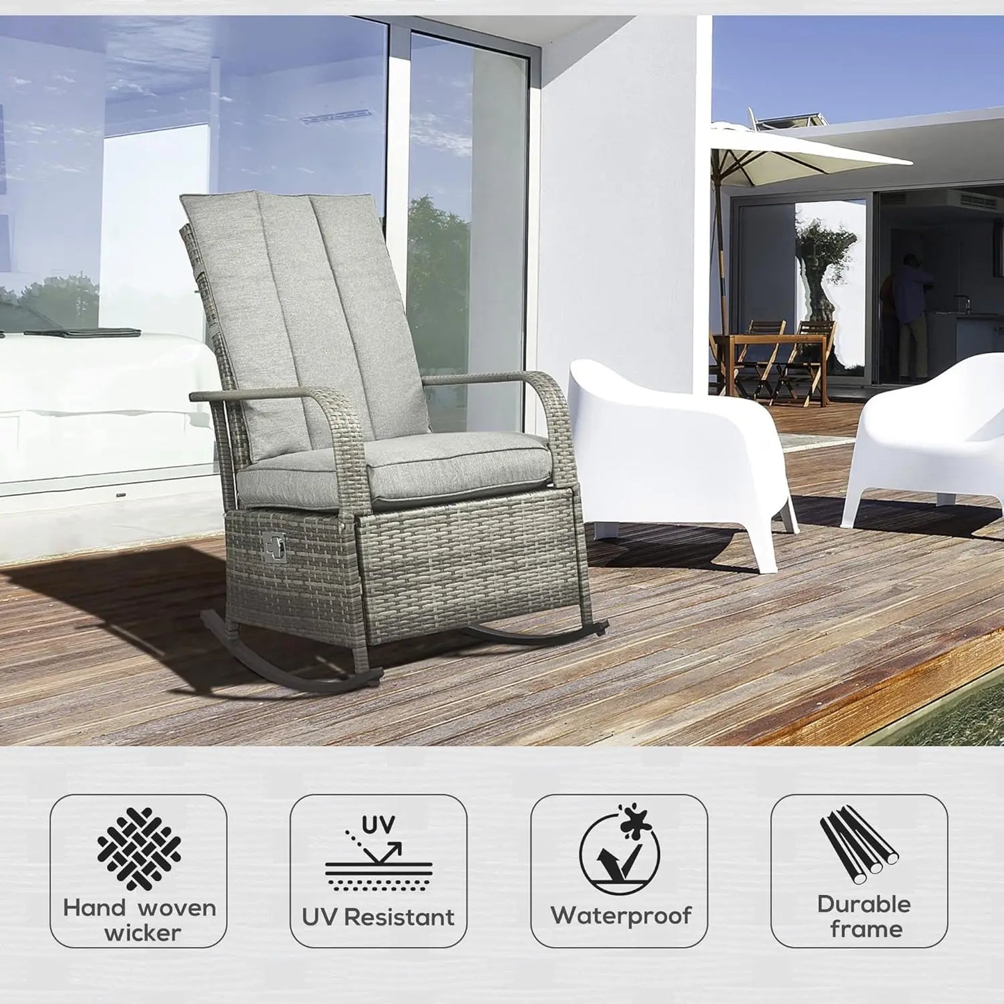 Wicker Outdoor Rocking Chair, Patio Recliner with Adjustment Backrest, PE Rattan Lounge Chair with Adjustable Footrest, Custom