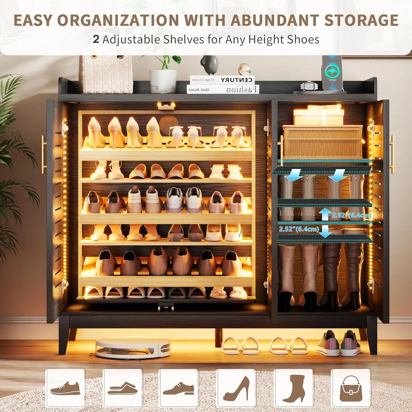 6 Tier Shoe Storage Cabinet with Shutter Doors and Adjustable Shelves, Rotating Shoe Organizer Cabinet with Human, Custom