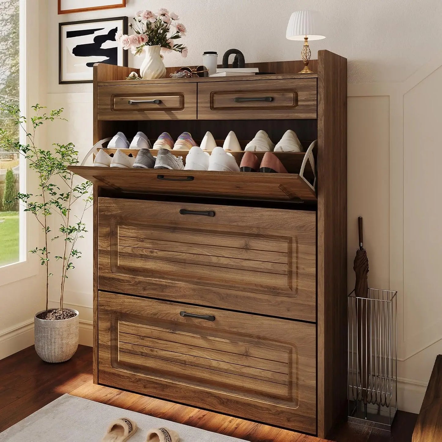 3-Drawer Flip-Top Slim Shoe Cabinet with 2 Storage Drawers Narrow Entryway Hallway Organizer, Custom