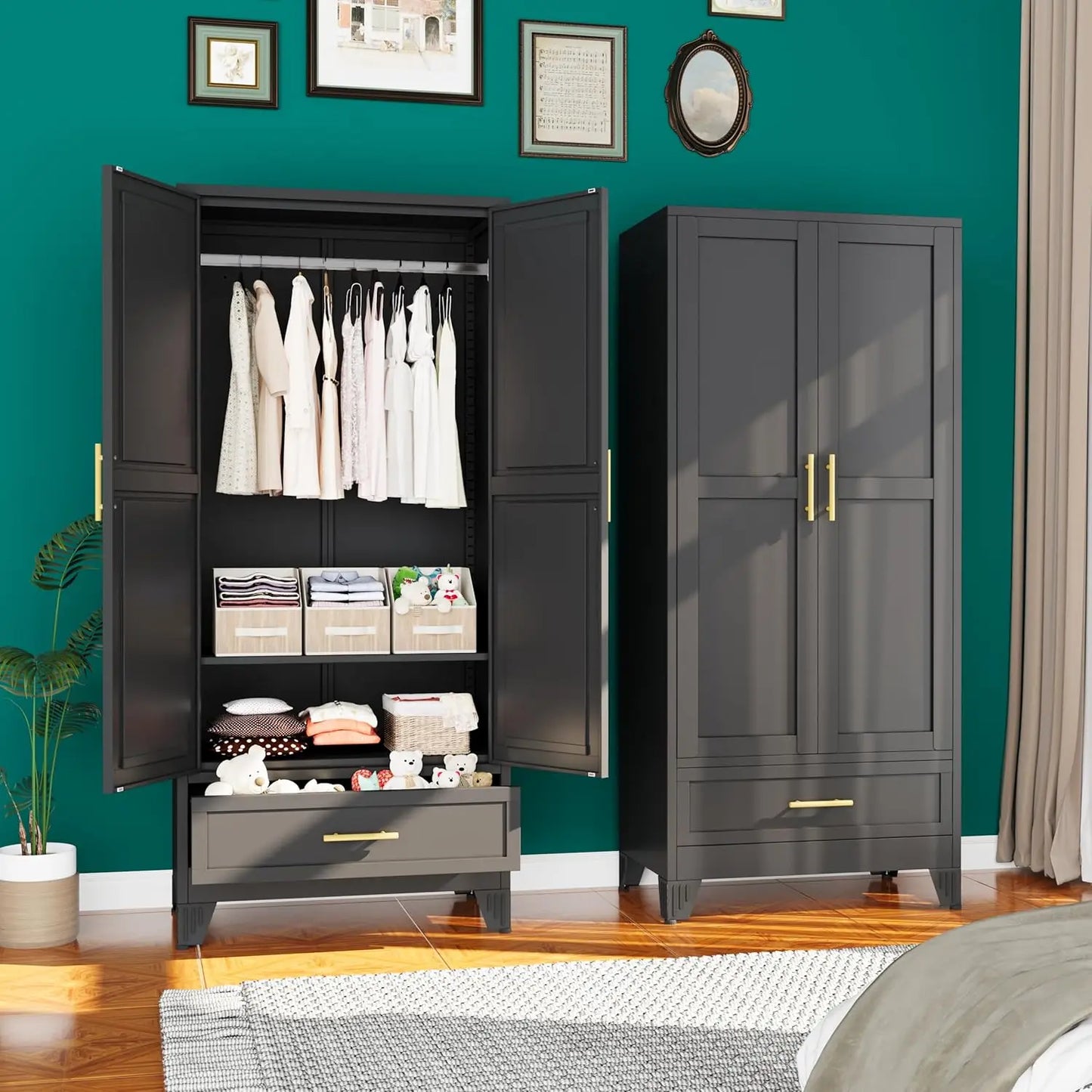Metal Armoire Wardrobe Closet, 71 "Metal Clothing Storage Cabinet with Adjustable Shelves and Hanging Rod, Household, Custom