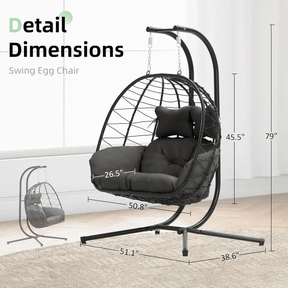 Double Egg Chair with Stand Hammock Swing Chair oldable Hanging Loveseat, UV Resistant Removable Cushions, 700LBS acity or Bedro