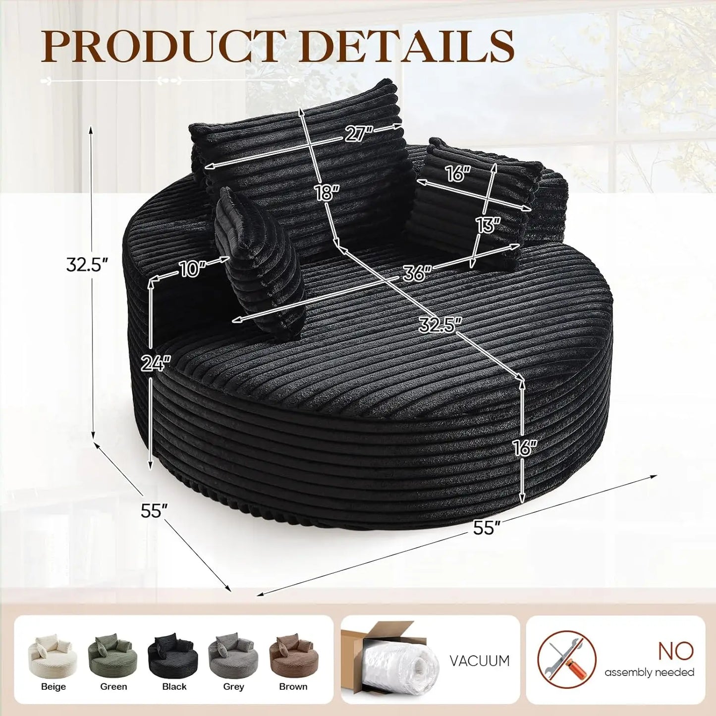 Oversized Round Chaise Longue Chair Indoor, Modern 55-inch Upholstered Corduroy Deep Seat Circle Single Cloud Lounge, Custom