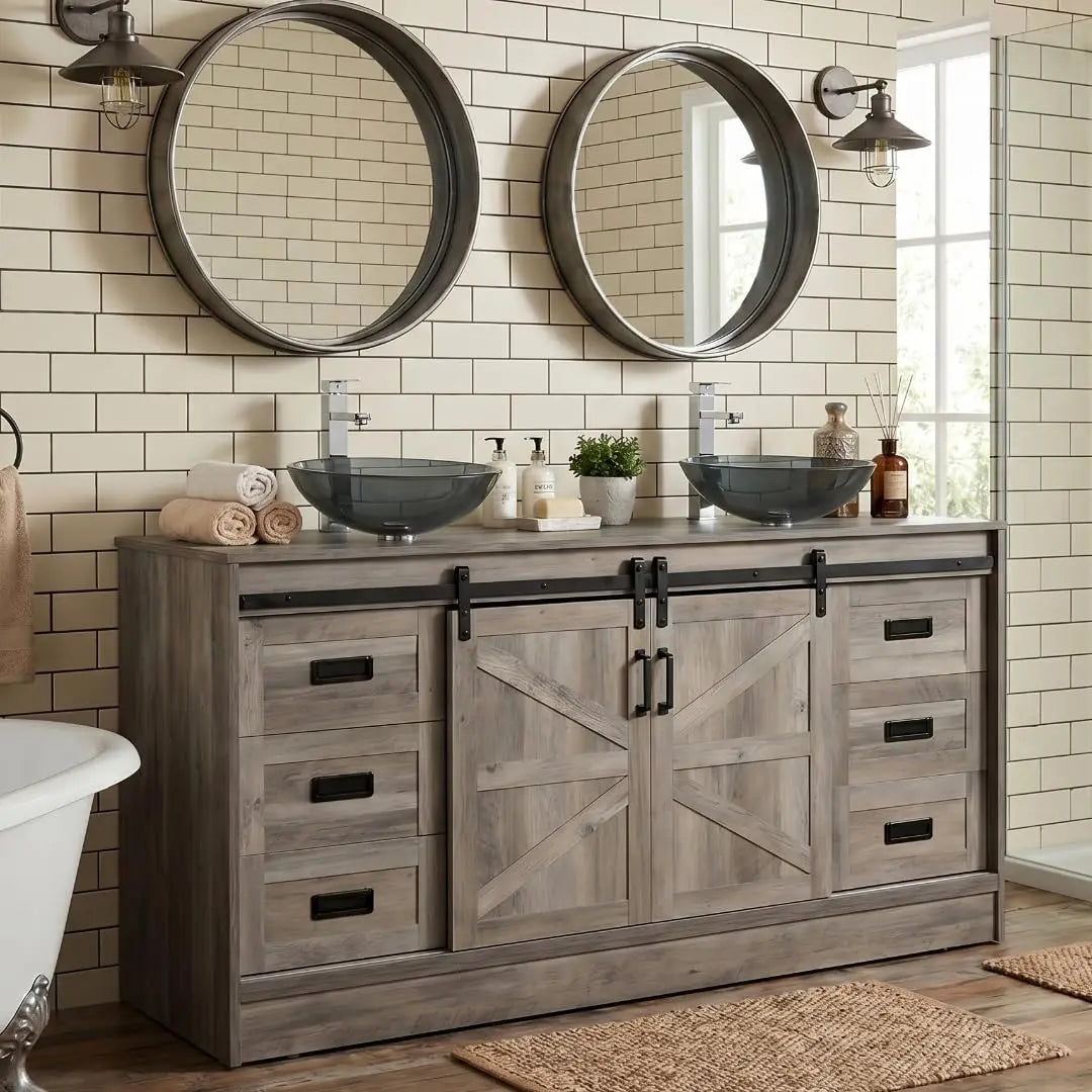 60" Barn Door Bathroom Vanity with 6 Drawers and Two Doors, Farmhouse Style Standing Pedestal Cabinet with Two Blue, Custom