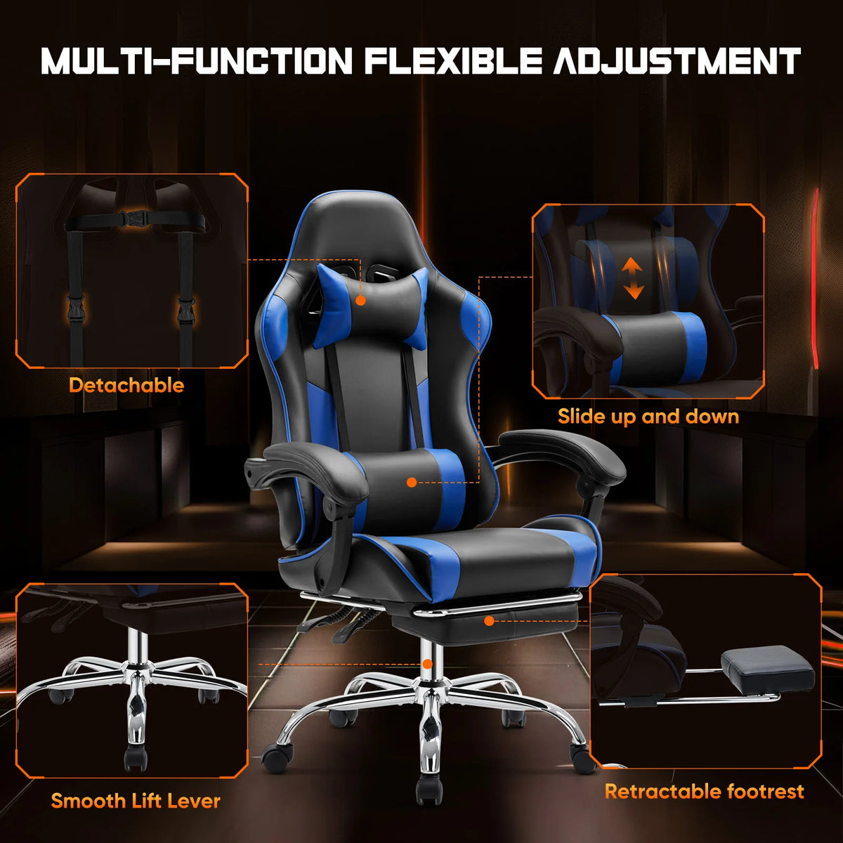 JHK Gaming Chair Adjustable Swivel With Headrest And Lumbar Support