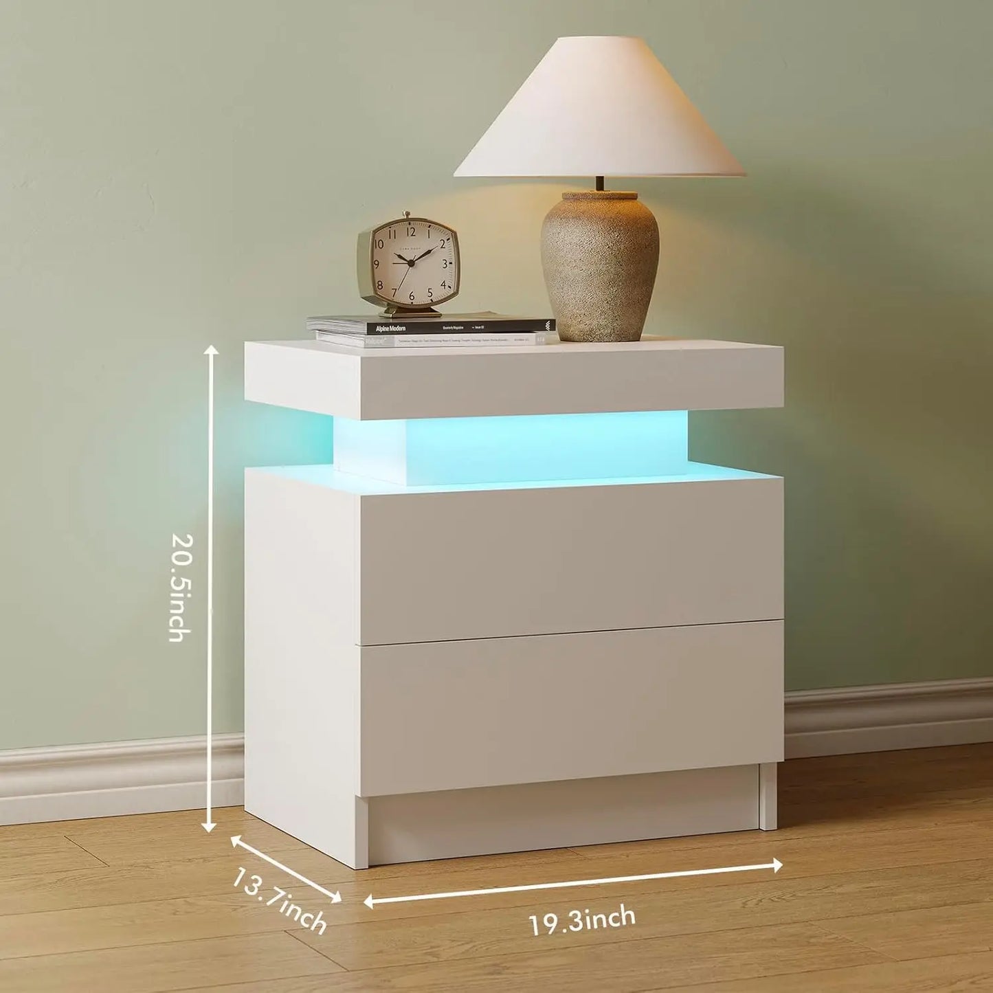 White LED Nightstand With Two Wood Drawers Bedside Table