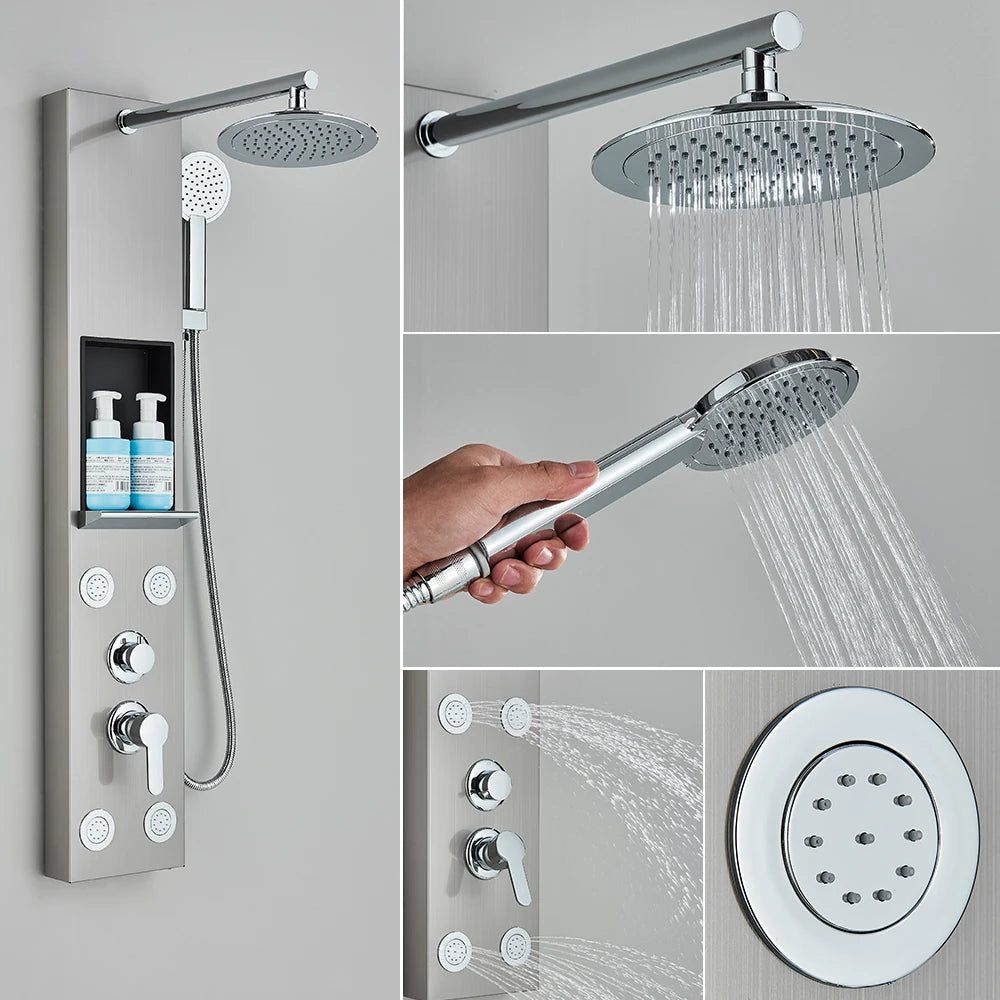 Black/Brushed Bathroom Shower Faucet LED Rainfall Head Shower Panel Set Bathtub Mixer Tap With Hand Sprayer Temperature Screen
