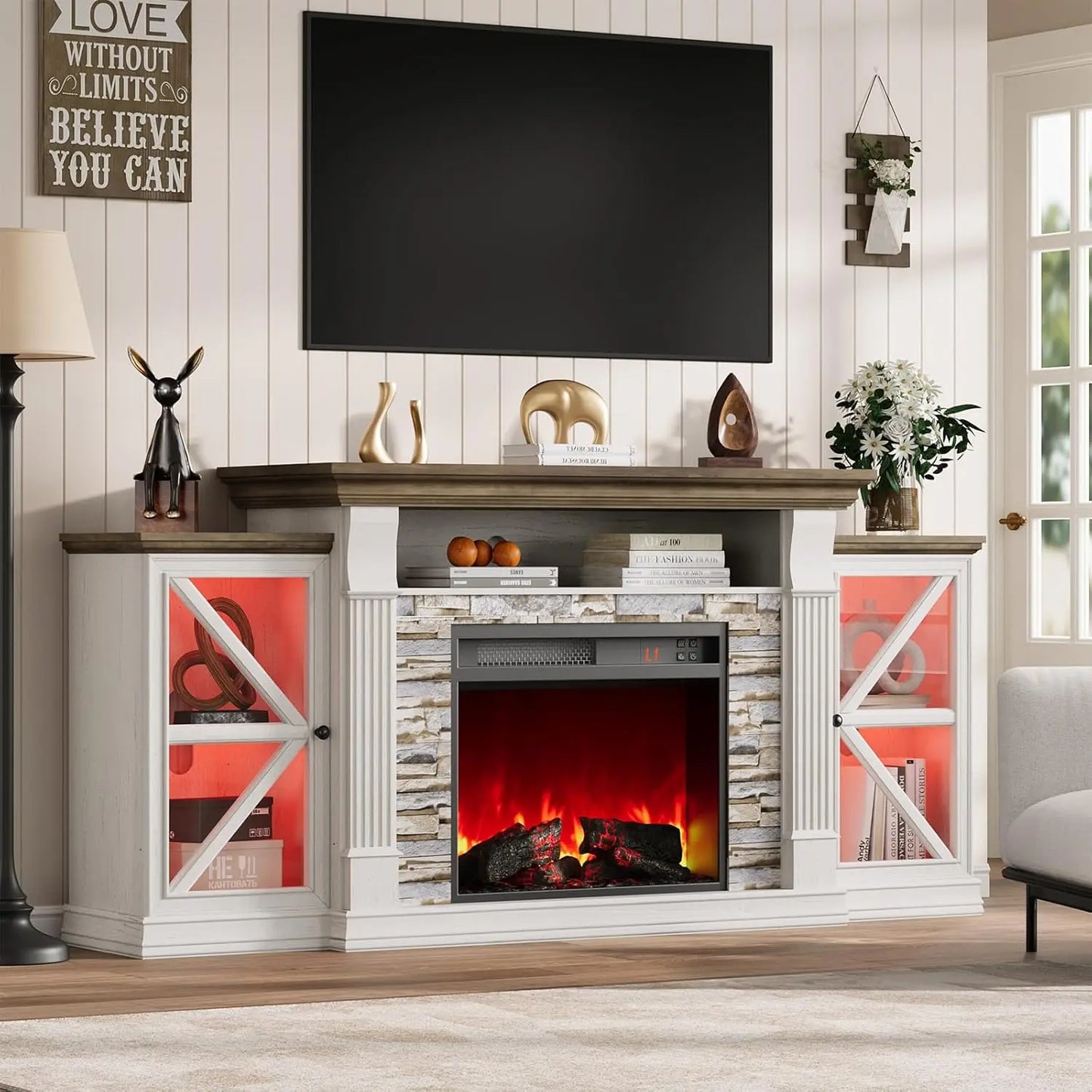 Electric Fireplace TV Stand Farmhouse Entertainment Center With Barn Doors