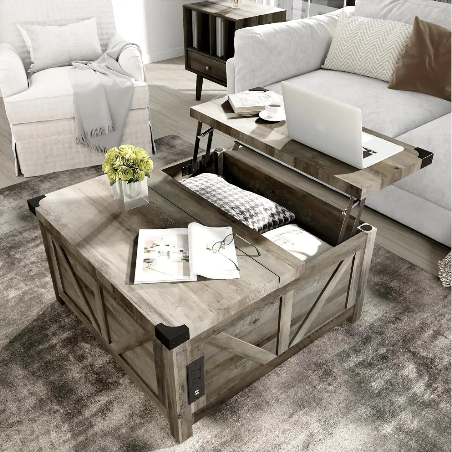 Farmhouse Lift Top Coffee Table with Storage, Wood Square Center Table with Charging Station&USB Port, Living Room, Custom