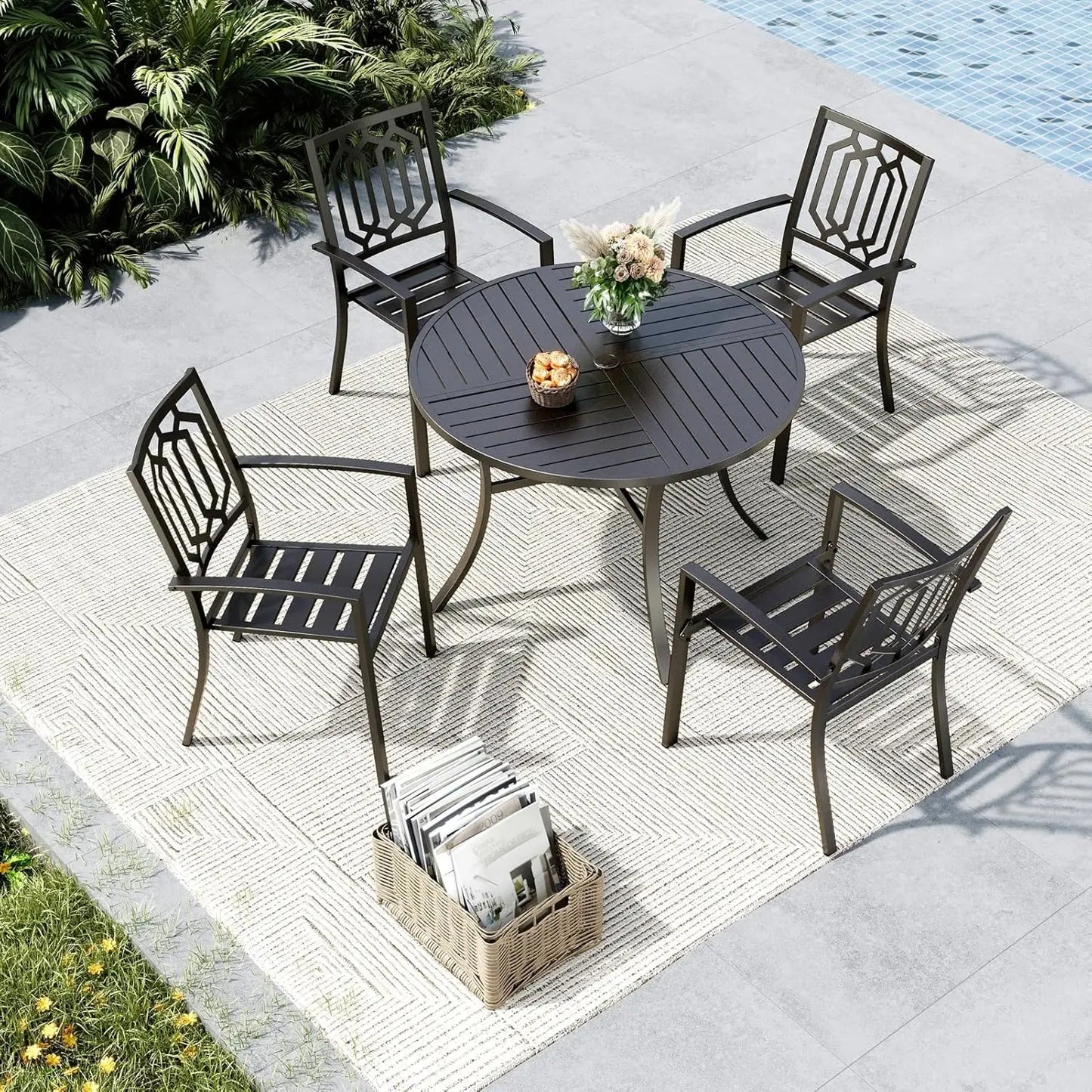 Round Outdoor Dining Set Wrought Iron 5 Piece Table & Chairs with Umbrella Hole for Deck Backyard Poolside Garden, Custom