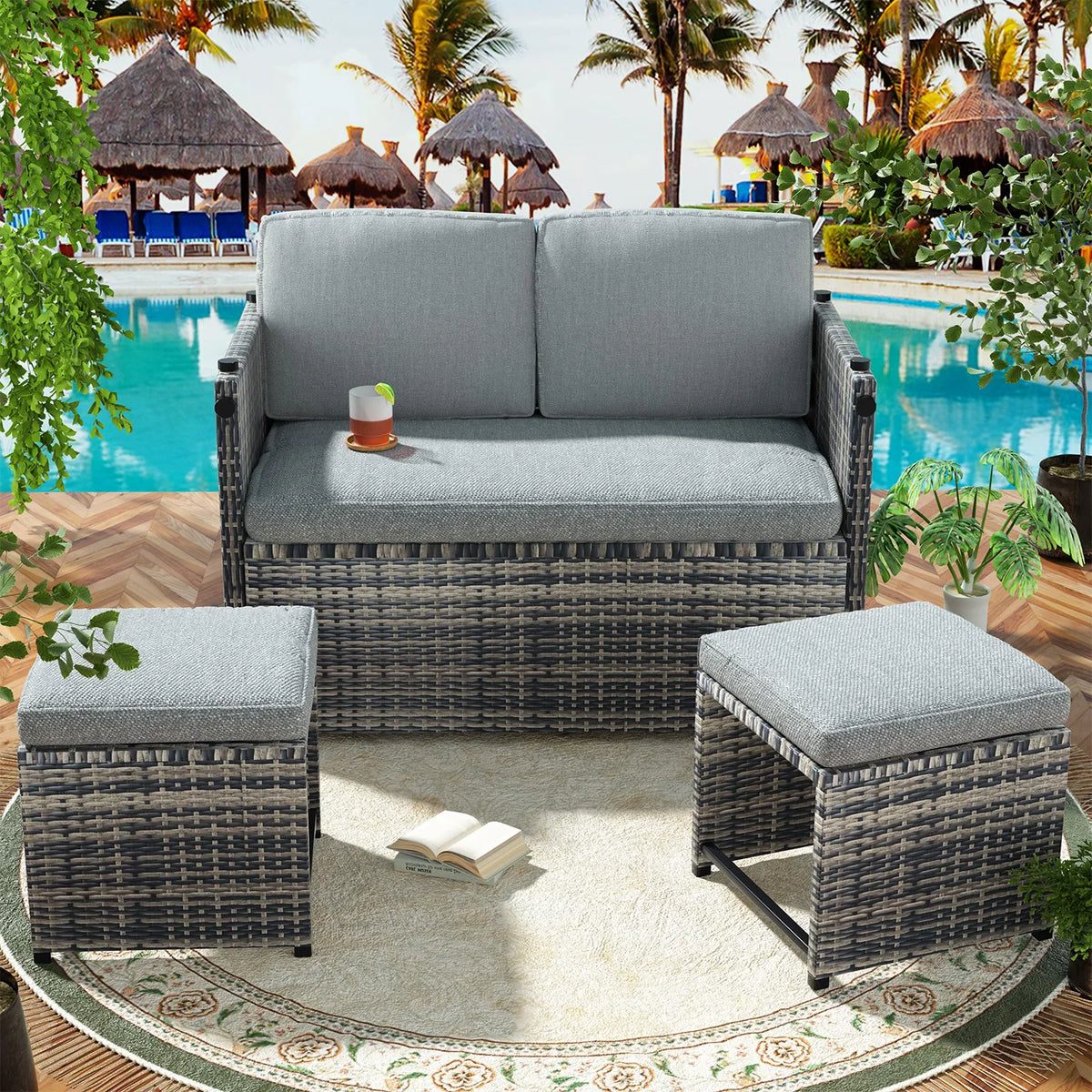 4/3 Pieces Convertible Multi-layout PE Rattan Loveseat Patio Furniture with 2 Storage Ottomans, All Weather Soft Cushioned Outdoor Furniture Sofa Set, Flexible Outdoor Patio Furniture Set for Patio Garden Balcony