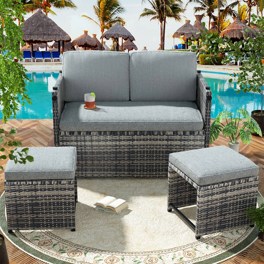 4/3 Pieces Convertible Multi-layout PE Rattan Loveseat Patio Furniture with 2 Storage Ottomans, All Weather Soft Cushioned Outdoor Furniture Sofa Set, Flexible Outdoor Patio Furniture Set for Patio Garden Balcony