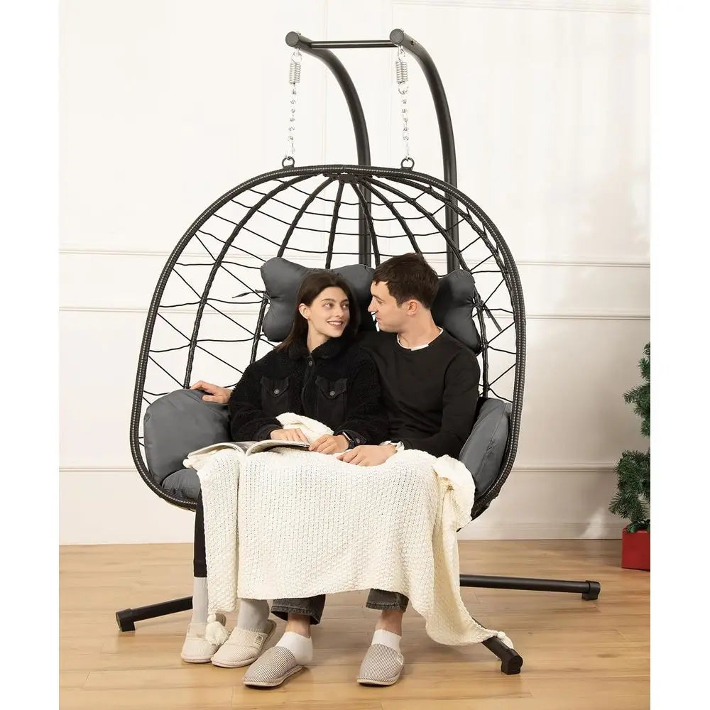 Double Egg Chair with Stand Hammock Swing Chair oldable Hanging Loveseat, UV Resistant Removable Cushions, 700LBS acity or Bedro