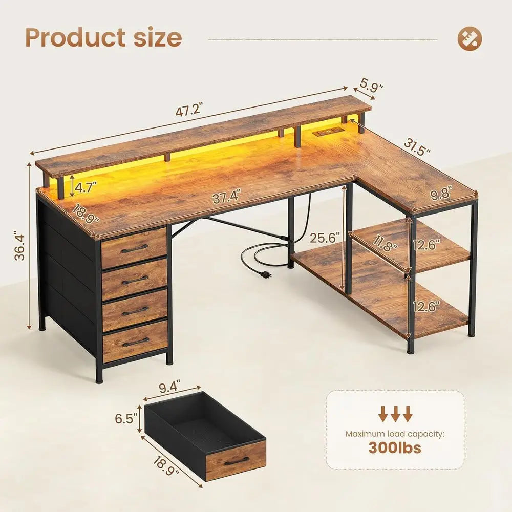 L Shaped Desk with Drawers, Shelves, LED Lights and Outlets