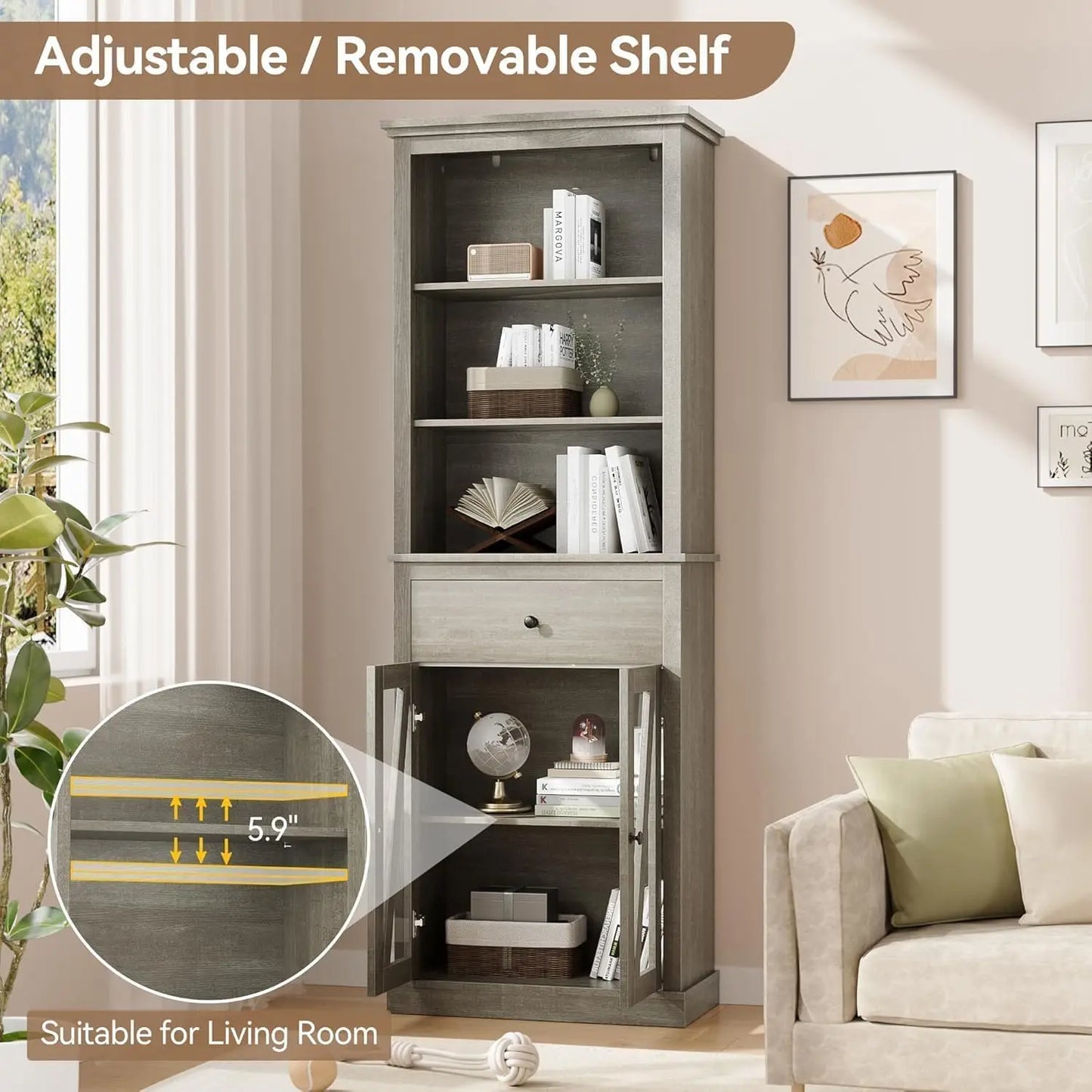 Tall Storage Cabinet, Bathroom Storage Cabinet with Doors & Adjustable Shelves for Living Room, Kitchen & Pantry, Laundry