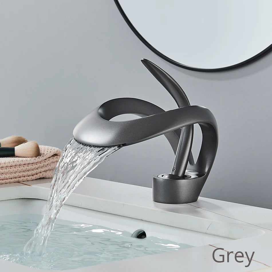 Uythner Luxury Creative Waterfall Basin Faucet Single Handle Deck Mount Basin Tap Black Brass Bath Hot Cold Water Vanity Tap