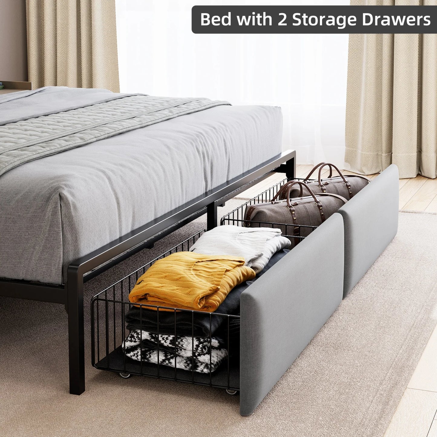 Bed Frame with Headboard,Modern Linen Upholstered Bed Frame with Strorage Drawers,Charging Station,Led Light, Metal Slat Support