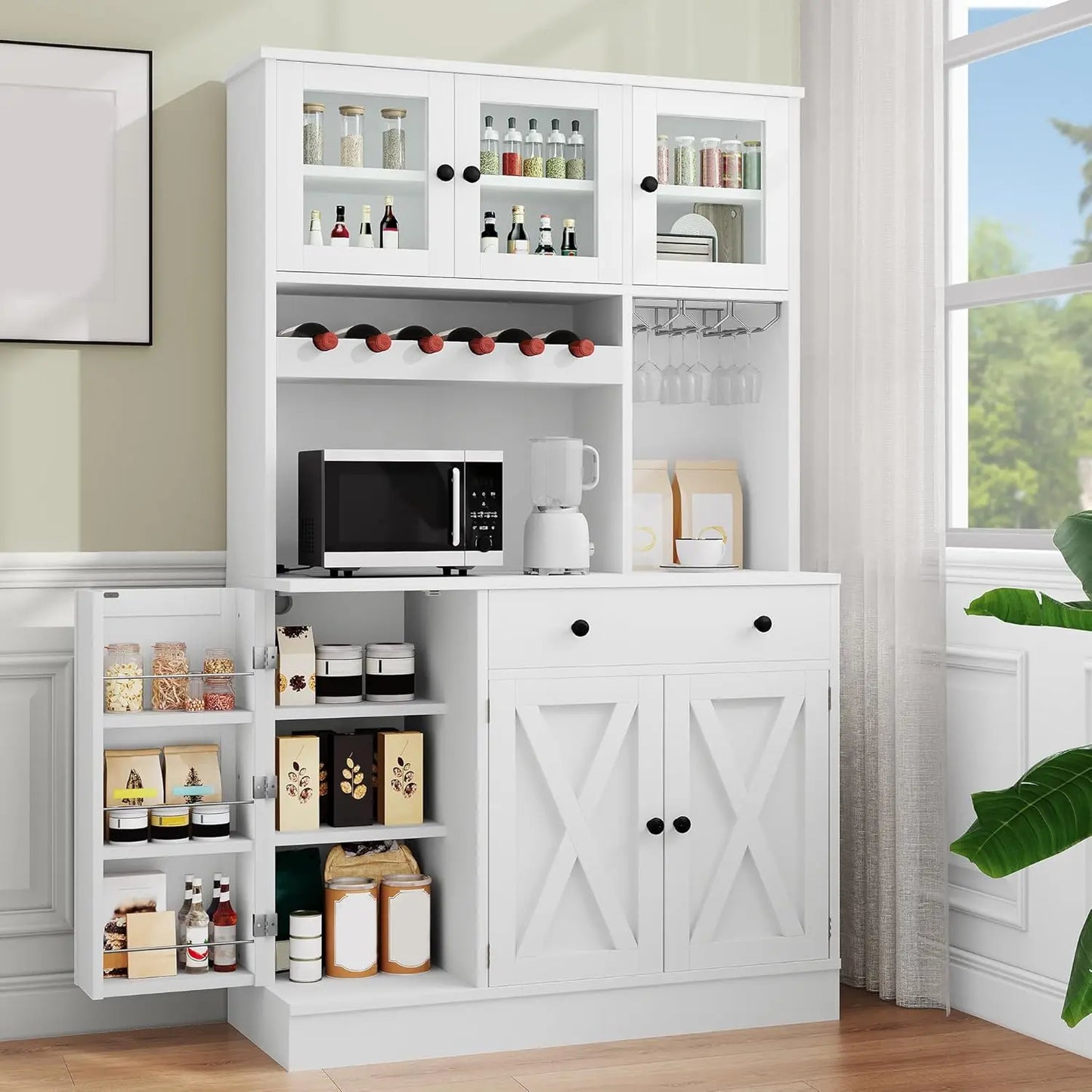 MOYU Kitchen Pantry Cabinet With Wine Rack And Power Outlet