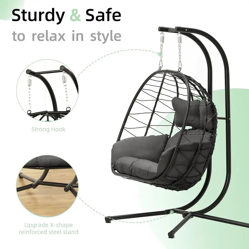 Double Egg Chair with Stand Hammock Swing Chair oldable Hanging Loveseat, UV Resistant Removable Cushions, 700LBS acity or Bedro
